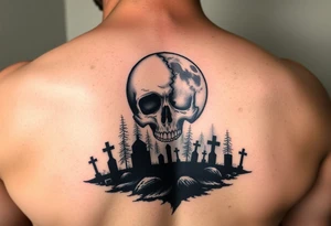 Full moon morphed into skull shining over foggy cemetery tattoo idea