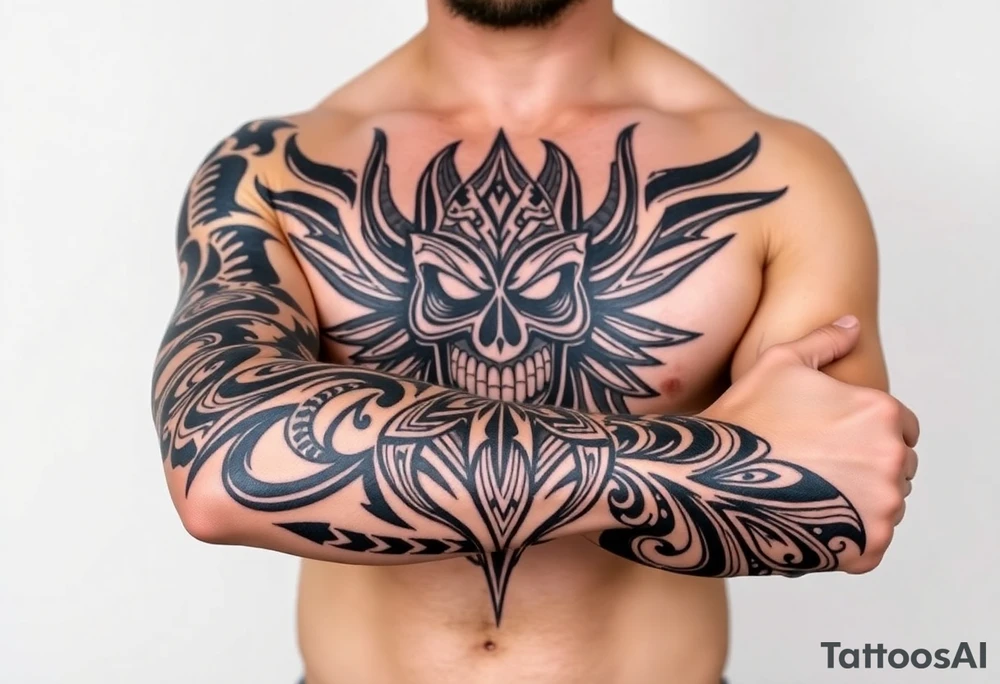 Bray Wyatt The Fiend top center piece of sleeve with Polynesian tribal design surrounding covering up old tattoo tattoo idea