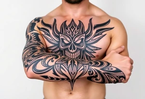 Bray Wyatt The Fiend top center piece of sleeve with Polynesian tribal design surrounding covering up old tattoo tattoo idea