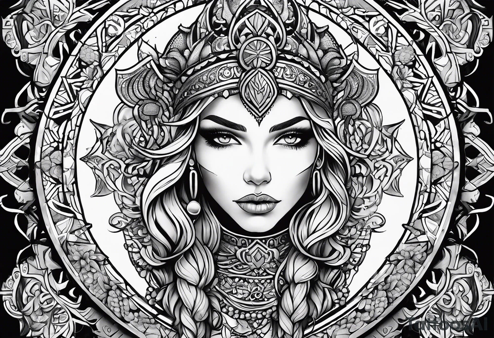 Viking, feminine warrior, mandala, bedroom eyes, headshot, closeup, full design, princess tattoo idea