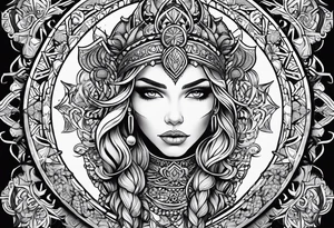 Viking, feminine warrior, mandala, bedroom eyes, headshot, closeup, full design, princess tattoo idea