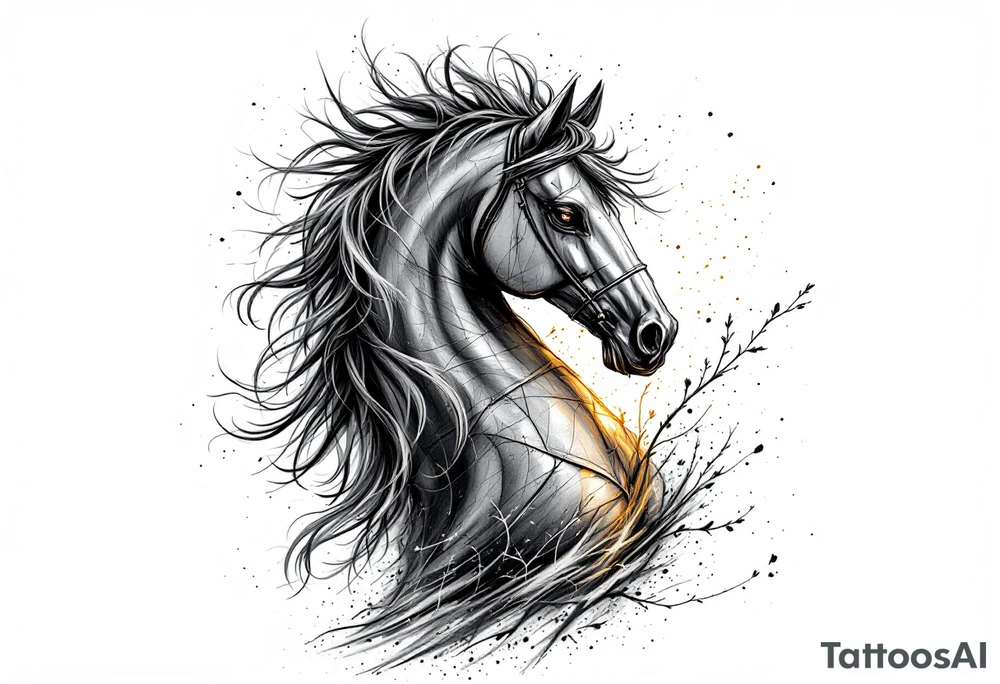 a knight of chess piece. it doesn't have legs, it's a chess piece. 
The knight piece is depicted in motion, slightly tilted forward as if it's charging or coming out of the shadows. The knight’s face is detailed but with a focus on the horse's strong features: its mane flowing in the wind, and the body etched with intricate details to represent strength and agility. The knight is emerging from a shadow, with the front part of the body illuminated in soft, warm light. The shadowed portions near the back and tail create a mystical aura. tattoo idea