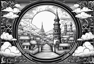 sky town with tower small houses gate entrance 
 in circle transparent clouds  vignette tattoo idea