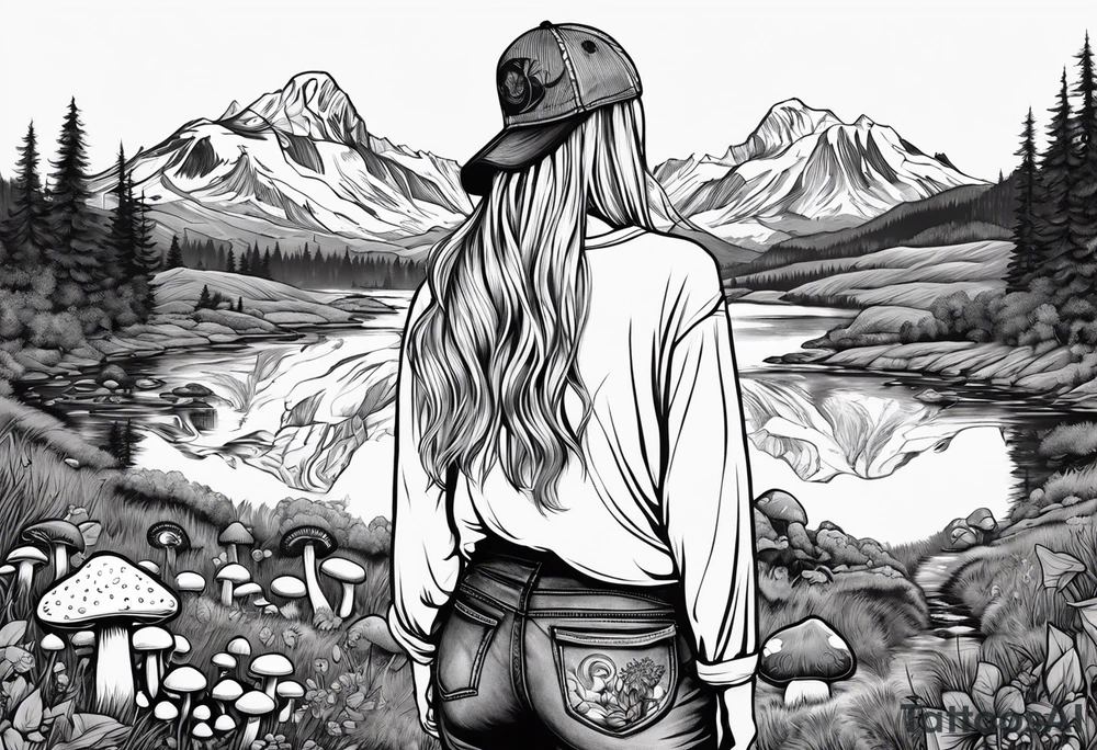 Whole picture encircled fully

Straight long blonde hair hippie girl in distance holding mushrooms in hand facing away toward mountains and creek surrounded by mushrooms long sleeve shirt and hiking pants; whole rendering within a full circle, no cut off circle tattoo idea