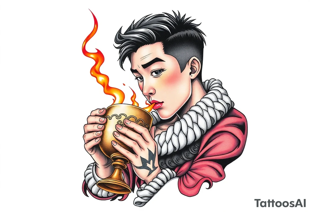 Handsome Asian young guy is drinking from medieval feast cup tattoo idea