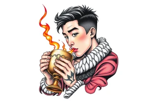 Handsome Asian young guy is drinking from medieval feast cup tattoo idea