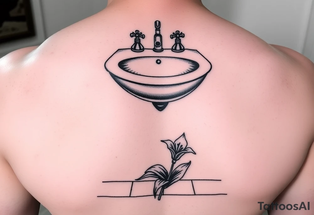bathroom sink on tile floor with lily coming up out of the floor tattoo idea