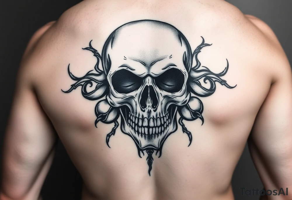 hyper realistic black and grey skull back tattoo,
one dominant central skull,
extreme depth and high contrast,
minimal background,
no extra skulls,
no cemetery,
clean composition,
tattoo ready,
long term readability,
full back placement tattoo idea