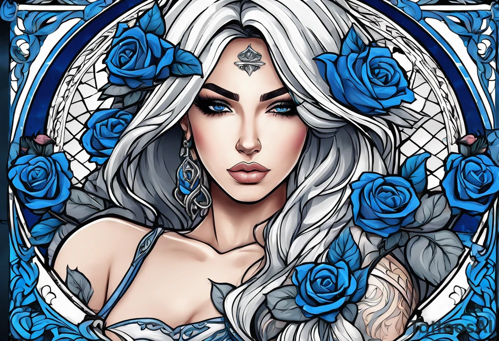 The woman's eyes are covered with a blue ribbon, she holds a sword in one hand and scales in the other . lady justicia, blue roses frames tattoo idea
