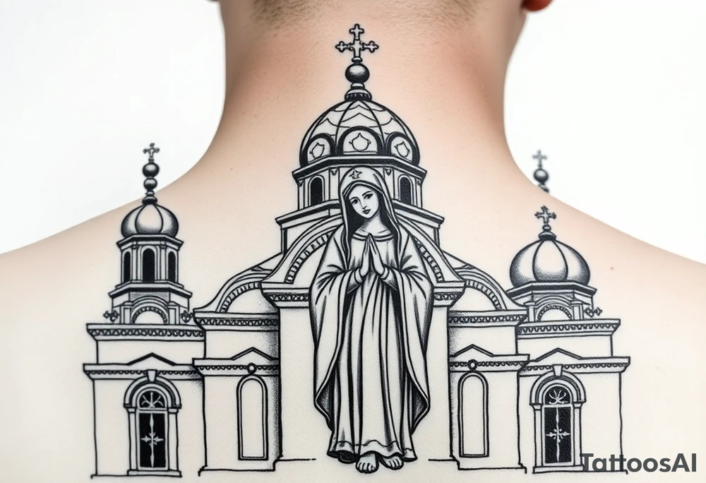 Russian orthodox church with bulb domes with a prominent russian orthodox style virgin mary stood outside with hands together tattoo idea