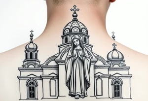 Russian orthodox church with bulb domes with a prominent russian orthodox style virgin mary stood outside with hands together tattoo idea