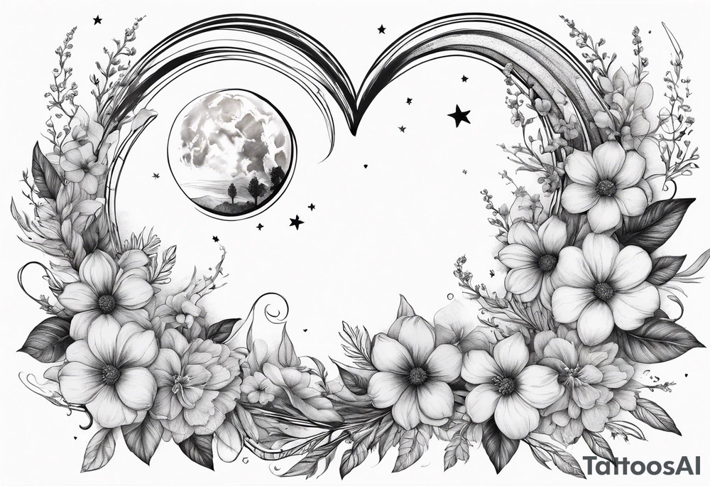 Crescent moon with a heart inside, shrouded by beautiful flowers with wisps of mist tattoo idea