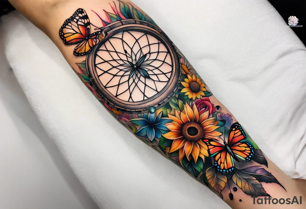 Quarter Leg sleeve with dreamcatcher, rainbow sunflowers and one butterfly tattoo idea