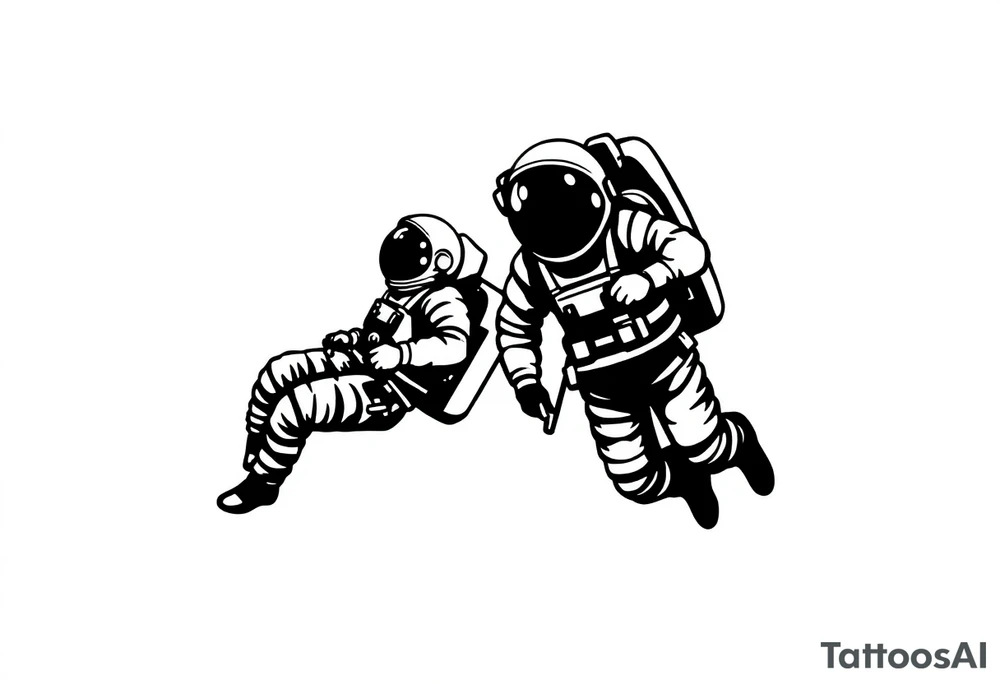 A realistic stencil silhouette style drawing of two astronauts floating in space tattoo idea