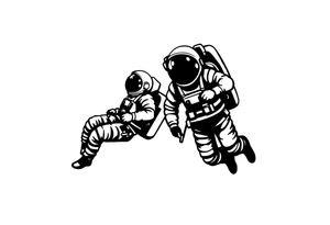 A realistic stencil silhouette style drawing of two astronauts floating in space tattoo idea