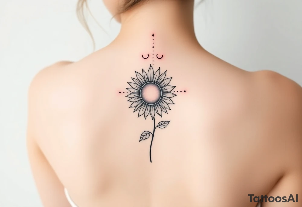 Fine line spine tattoo with sun centered in the middle with a sunflower and a bit of beach theme tattoo idea