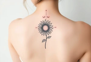Fine line spine tattoo with sun centered in the middle with a sunflower and a bit of beach theme tattoo idea