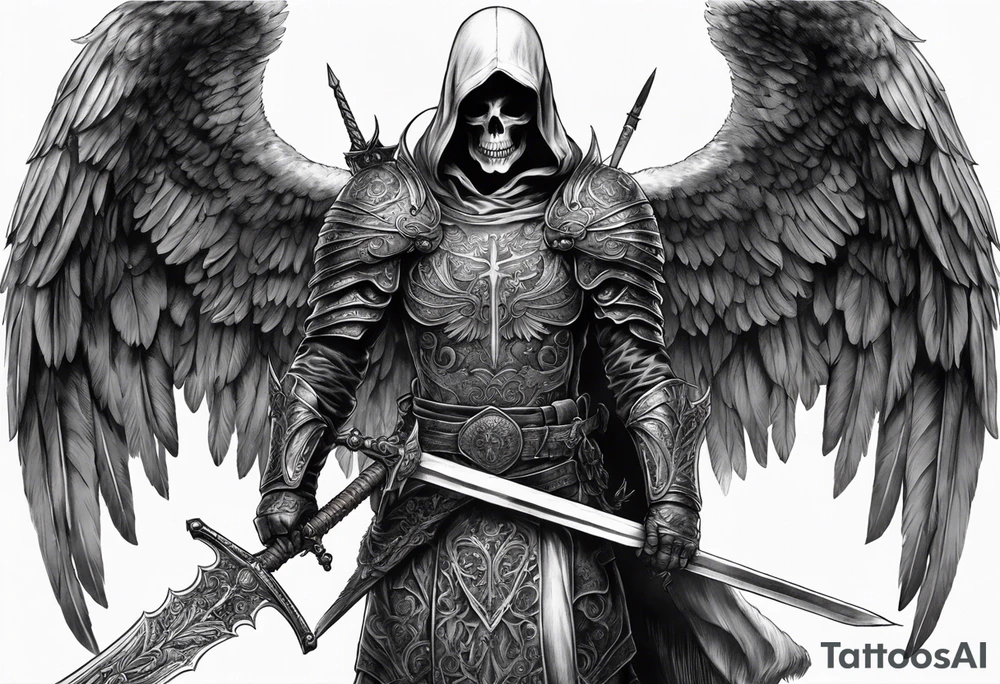 realistic angel of death, full body, no face visible, holding a sword in both hands, the sword is pointing downwards, skulls lie on the ground tattoo idea