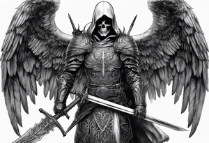 realistic angel of death, full body, no face visible, holding a sword in both hands, the sword is pointing downwards, skulls lie on the ground tattoo idea