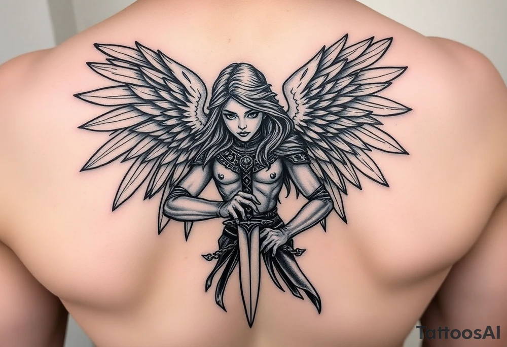 Fierce Female Angel warrior with dagger with dark shading tattoo idea