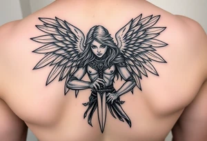 Fierce Female Angel warrior with dagger with dark shading tattoo idea