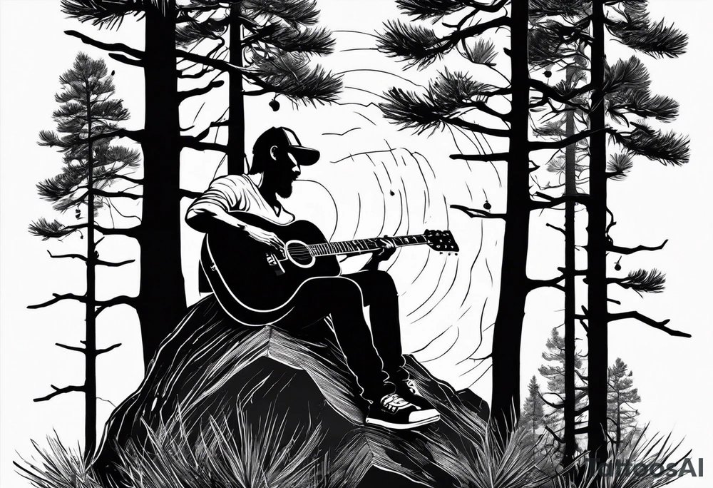 silhouette of a man playing electric guitar while sitting in a pine tree. super simple sketch tattoo idea
