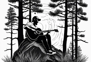 silhouette of a man playing electric guitar while sitting in a pine tree. super simple sketch tattoo idea