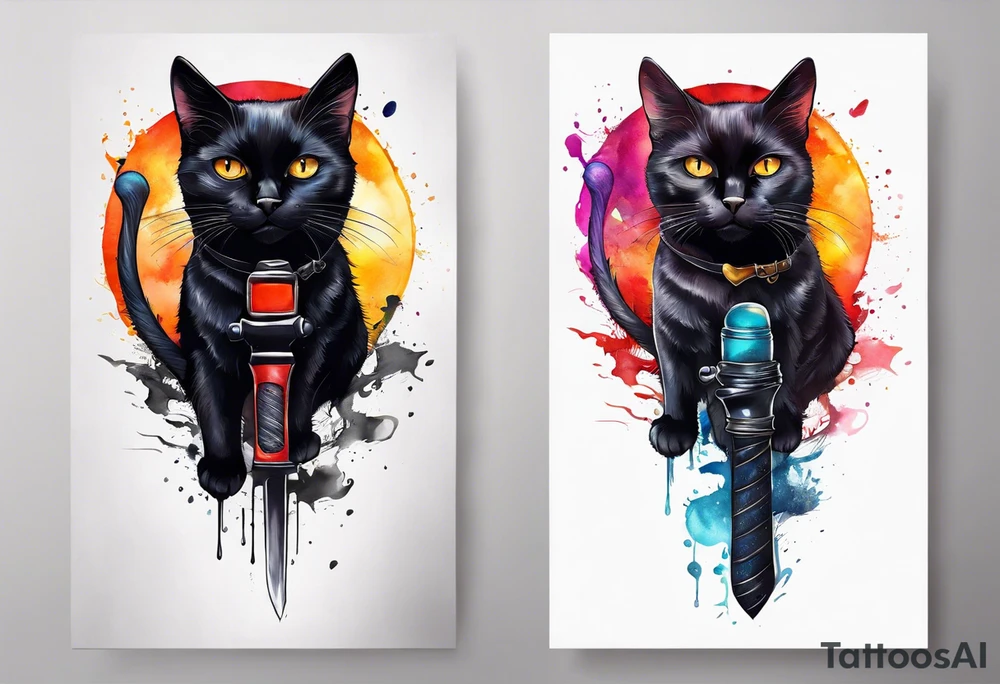 Black cat with a funny swrater ahirt tattoo idea