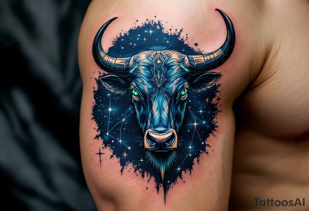 Taurus, the emerald-eyed bull, anchors its star constellation in a sea of midnight blue. tattoo idea