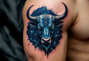 Taurus, the emerald-eyed bull, anchors its star constellation in a sea of midnight blue. tattoo idea