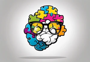 anthropomorphic brain wearing glasses, made of puzzle pieces tattoo idea