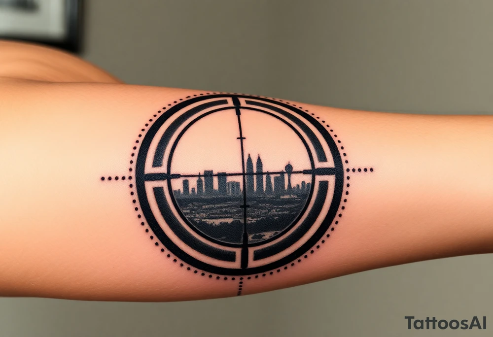 scope crosshairs with eerie Los Angeles city horizon in background tattoo idea