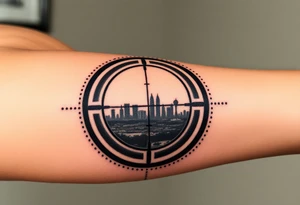 scope crosshairs with eerie Los Angeles city horizon in background tattoo idea