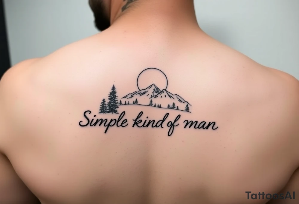 A minimalist tattoo with the words ‘Simple Kind of Man’ in handwritten script, framed by pine trees, mountains, and a rising sun. Evokes peaceful strength and humility. Fine line blackwork for the forearm. tattoo idea