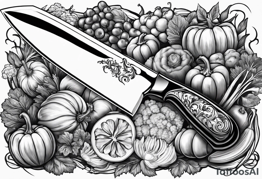Chef knife with vegetables inside blade tattoo idea