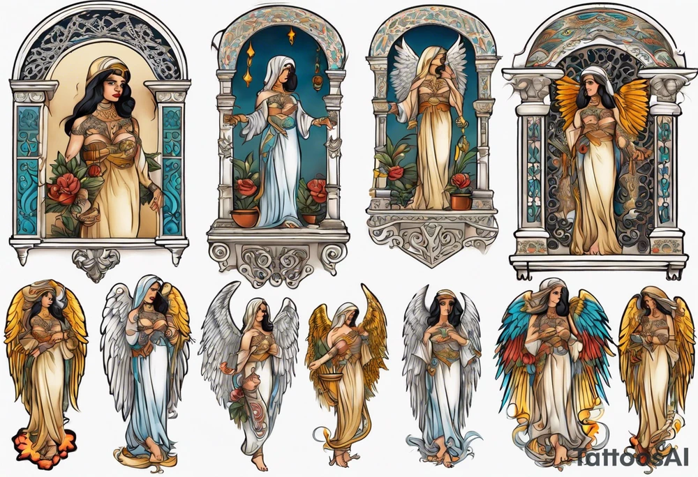 Middle Eastern Angel on a balcony tattoo idea