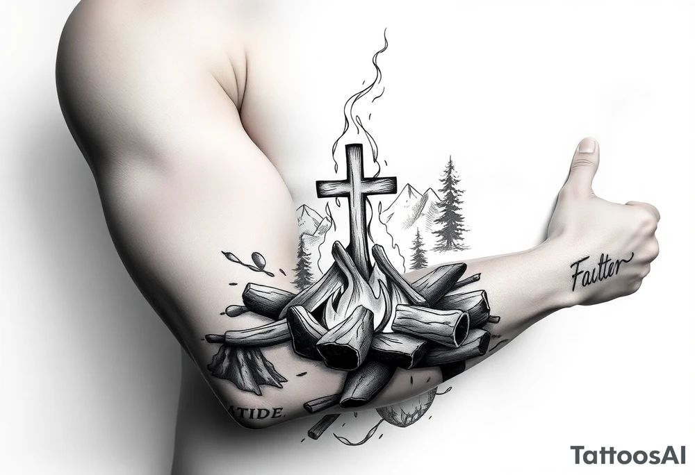 Campfire with cross hidden in the flames include the great outdoors tattoo idea