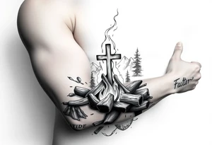 Campfire with cross hidden in the flames include the great outdoors tattoo idea