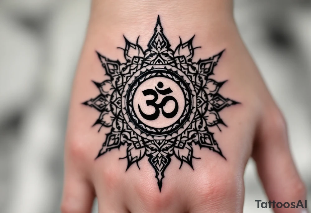 Dharmachakra with an ohm symbol in the middle tattoo idea