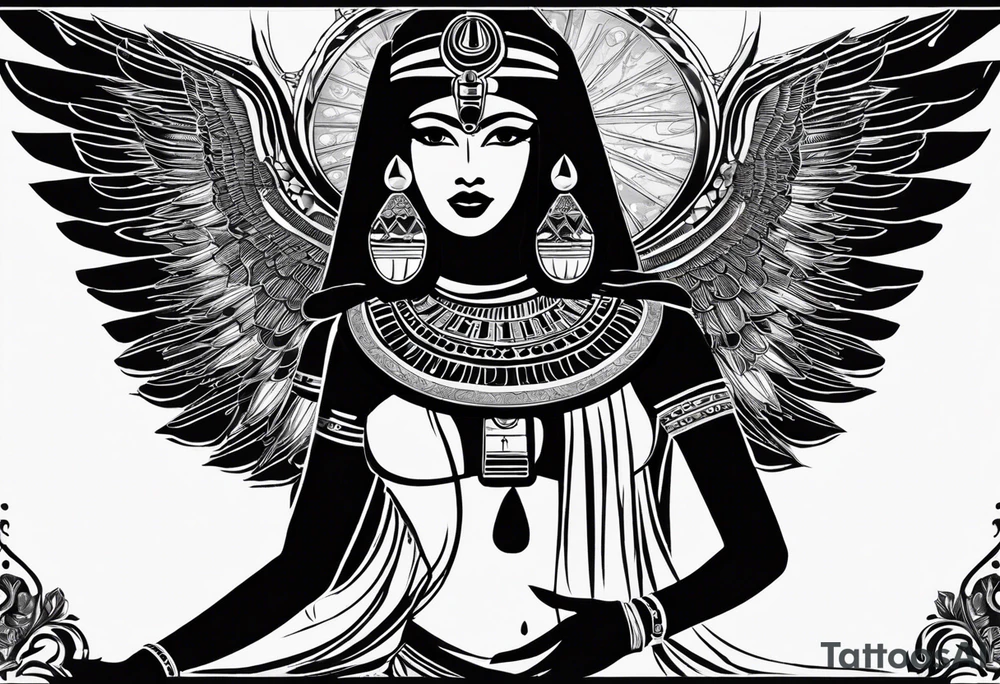 black and white Egyptian goddess Isis, who is often depicted as a woman with outstretched wings, holding an ankh (a symbol of life) in one hand and a lotus flower in the other. Her headdress often includes a throne or a solar disk. The tattoo design can vary in style and size, but it typically aims to capture the essence of this revered Egyptian deity, emphasizing her beauty, power, and maternal qualities. The choice of colors and additional elements can also be customized to create a unique and visually striking representation of the goddess Isis tattoo idea