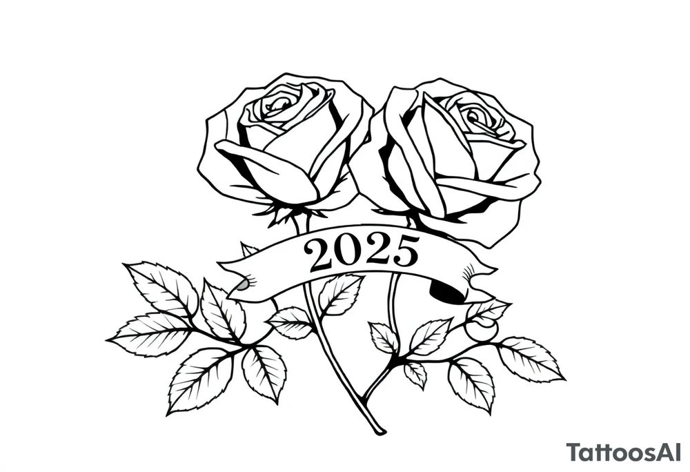 two beautiful large rose buds, one larger than the other, with many leaves next to the rose buds, with one sitting higher than the other. Include a banner connecting the two roses with the year 2025 on it.   Use dark outlines with little shading. The two stems should be short, not long, and connect and join into one stem, whimsically curved or twisted - not straight down. tattoo idea