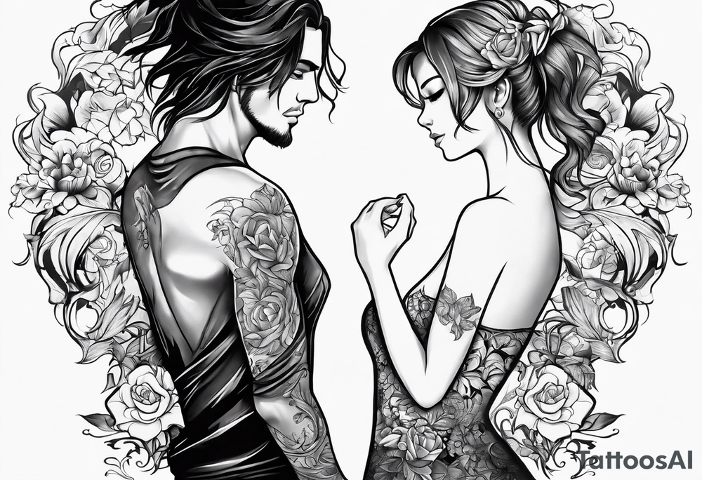 A girl with an empty heart and a guy with a burning heart. They stand back to back tattoo idea