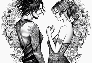 A girl with an empty heart and a guy with a burning heart. They stand back to back tattoo idea