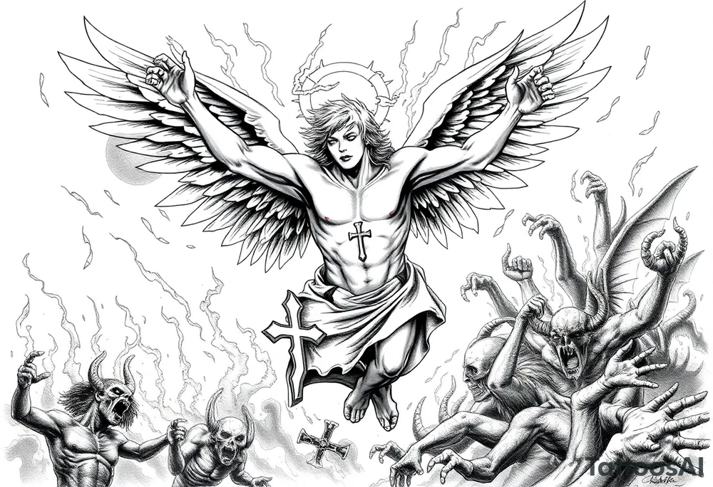 A fallen angel falling from heaven to hell , his wings catch fire and partially burn his halo breaks, Demons and dead souls reach out for him, he has a sexy demon women  holding onto his side as he falls , fire and smoke throughout the backround with creatures lurking in the back, theres an upside diwn cross burnt into his chest tattoo idea