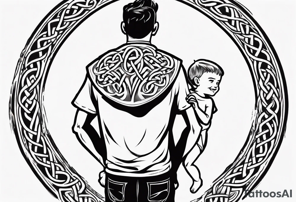 a father with his son on his shoulders from behind. A subtle design on their backs of celtic music. tattoo idea