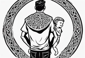 a father with his son on his shoulders from behind. A subtle design on their backs of celtic music. tattoo idea