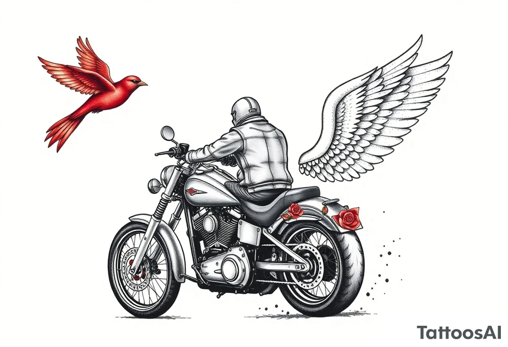 Harley grey motorcycle driving away, two red birds flying, roses, flames, angel wings tattoo idea