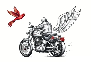 Harley grey motorcycle driving away, two red birds flying, roses, flames, angel wings tattoo idea