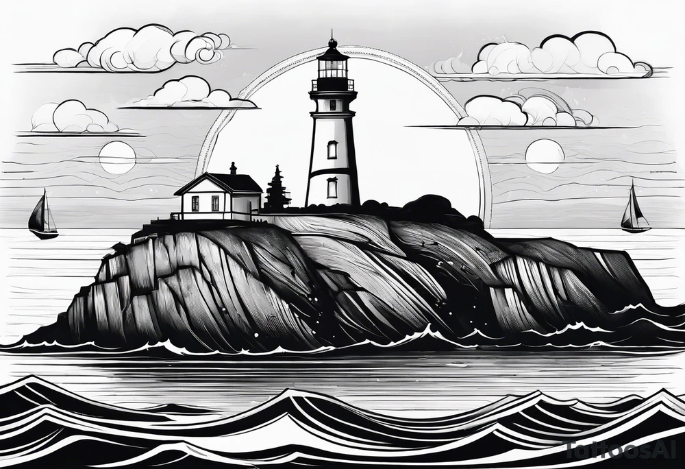 maritime lighthouse partially hidden by its large fixed sail. calm sea reflection. tattoo idea
