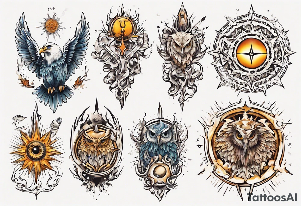 symbol eines Kriegers Wassermann Eule Sonne tattoo idea